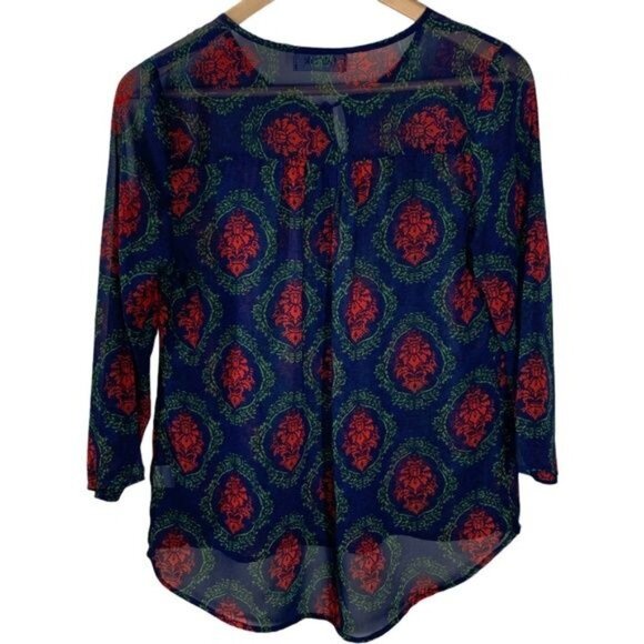 fab’rik Sheer Boho Blouse Blue Red Green Print Women’s Small Lightweight - Picture 9 of 12